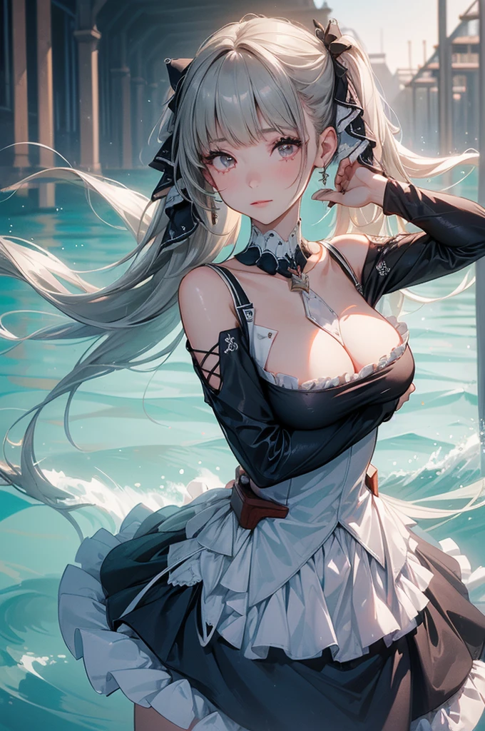 ((dress_default, terrific_default)):1.5,((独奏, 1girl)) ((masterpiece,Highest quality,Highly detailed images,Beautiful images、Realistic、Dutch Angle)), (Bright lighting overall、Backlight、A fantastic atmosphere、Thick Fog、Dust flutters),(Dynamic pose、Beautiful cleavage、large breasts)1.2, ((Ocean、On the boat:1.2))((arms behind head))、Black sleeves