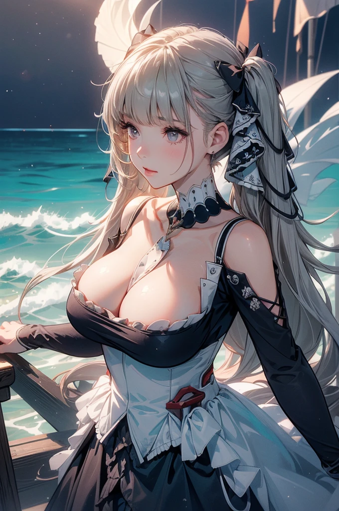 ((dress_default, terrific_default)):1.5,((独奏, 1girl)) ((masterpiece,Highest quality,Highly detailed images,Beautiful images、Realistic、Dutch Angle)), (Bright lighting overall、Backlight、A fantastic atmosphere、Thick Fog、Dust flutters),(Dynamic pose、Beautiful cleavage、large breasts)1.2, ((Ocean、On the boat:1.2))((arms behind head))、Black sleeves

