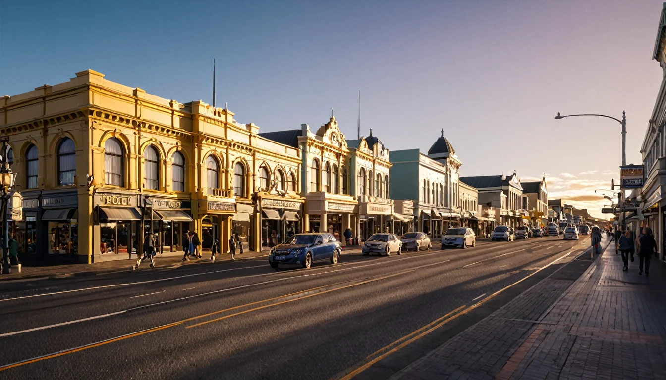 a detailed cityscape of downtown Invercargill, New Zealand, dee Street, shops, the grand hotel, realistic, photorealistic, photo-realistic:1.37, 8k, hyperrealistic, cinematic, dramatic lighting, intricate architecture, detailed buildings, urban landscape, busy street, people walking, cars driving, vibrant colors, golden hour lighting, warm tones