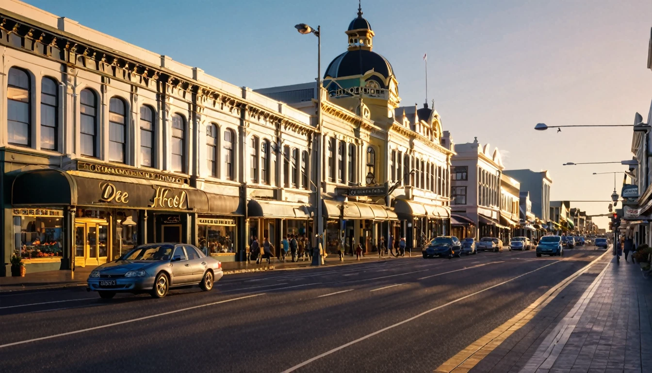 a detailed cityscape of downtown Invercargill, New Zealand, dee Street, shops, the grand hotel, realistic, photorealistic, photo-realistic:1.37, 8k, hyperrealistic, cinematic, dramatic lighting, intricate architecture, detailed buildings, urban landscape, busy street, people walking, cars driving, vibrant colors, golden hour lighting, warm tones