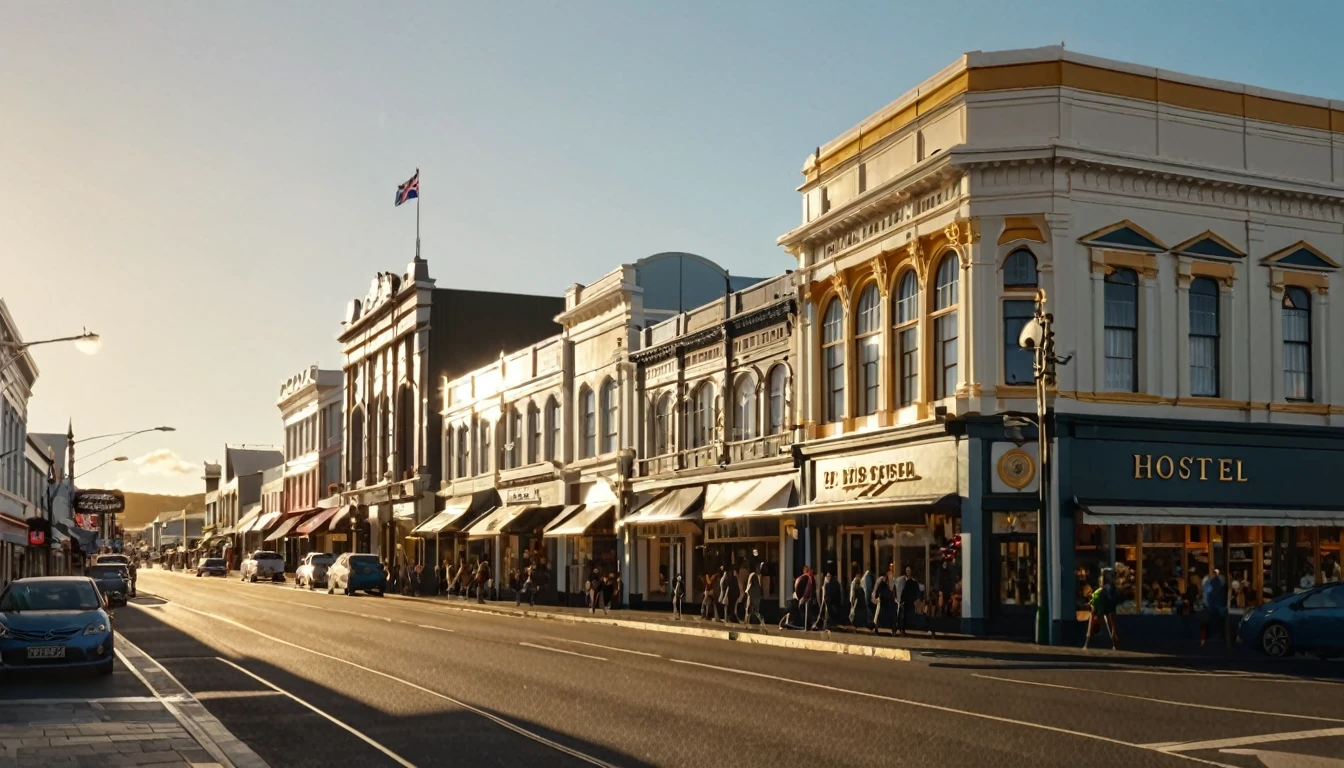 a detailed cityscape of downtown Invercargill, New Zealand, dee Street, shops, the grand hotel, realistic, photorealistic, photo-realistic:1.37, 8k, hyperrealistic, cinematic, dramatic lighting, intricate architecture, detailed buildings, urban landscape, busy street, people walking, cars driving, vibrant colors, golden hour lighting, warm tones
