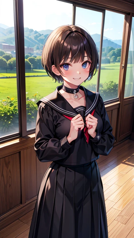 Short Spiky Hair　dull brown hair　Sharp eyes　Grin　frivolous attitude　expensive　Country-style black sailor suit　Nagoya collar　Long skirt　Rural classroom