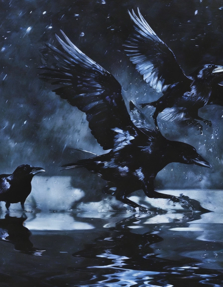 ravens in water, stars background