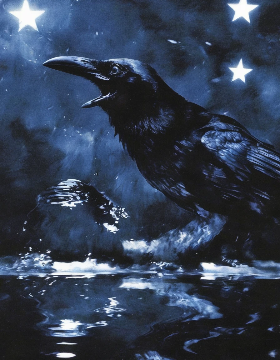 ravens in water, stars background