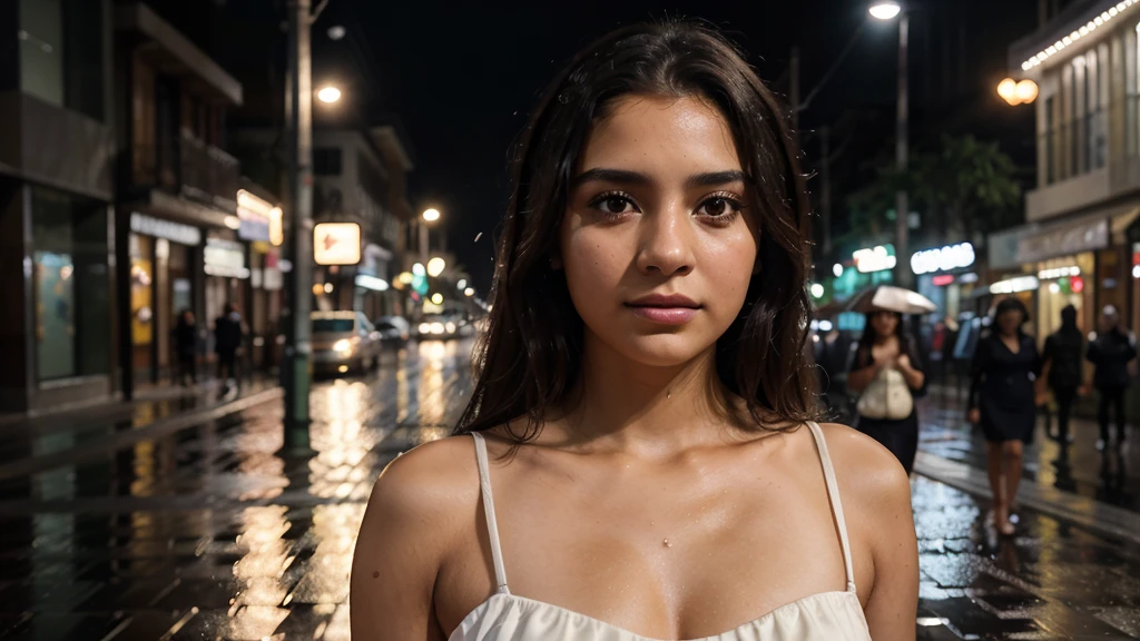 ltra-realistic, ultra-detailed photography taken on iphone 15 pro max, A natural shot of a young Colombian girl of 27 years old with bright, deep eyes and a sophisticated face, in a stylish evening dress, standing against the backdrop of blurred light lines and passers-by on a rainy evening, conveying her natural beauty and grace.