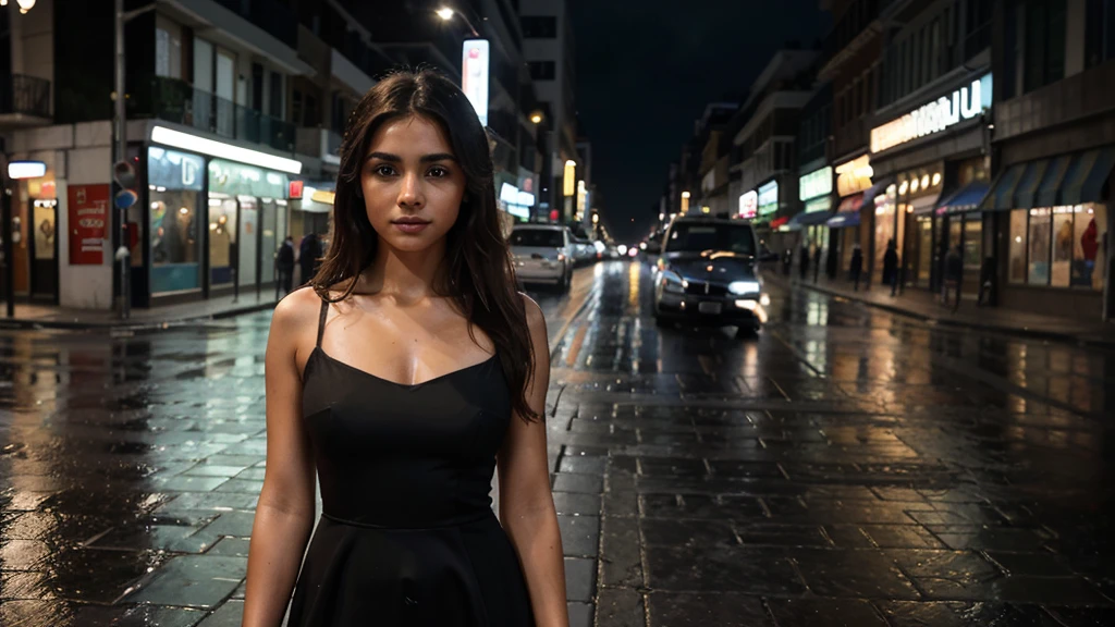 ltra-realistic, ultra-detailed photography taken on iphone 15 pro max, A natural shot of a young Colombian girl of 27 years old with bright, deep eyes and a sophisticated face, in a stylish evening dress, standing against the backdrop of blurred light lines and passers-by on a rainy evening, conveying her natural beauty and grace.