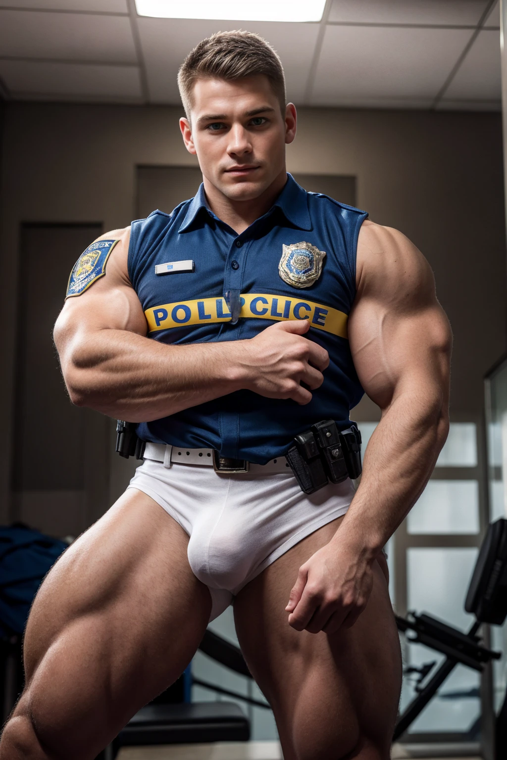 1boy, (Blue Eyes), happy smile,American boy,18 years old,young, thick body, slender, sport body build, child-like,White Teenage boy ,, wearing a police uniform. The man should have a muscular and imposing physique, highlighting his dedication to training and police service. He should wear a tight police uniform, showing off his toned body and authority in the image. His muscles should be clearly visible, especially in his arms and chest. The expression on his face should reflect determination and confidence. You can add realistic details to the uniform, such as the police department logo on the chest and a belt with police accessories such as handcuffs, a radio and flashlight, a baton in hand. In the background, you can include elements of a police scene, such as a parked patrol car or flashing lights in the background. Use strong, directional lighting to highlight the muscles and strength of the bodybuilder man in his role as a police officer. ,pale skin, skinny, good lighting, very pale skin, light skin, model with attractive body,medium bulge and medium butts,(Best quality, 8k, Masterpiece). High Detail , superior quality, natural lighting, beautiful, sexy, correct anatomy, good composition,realistic shapes, realistic skin tones,Natural eyes,realistic eyes,looking up at viewer,vpl,realistic muscles,Realistic wrinkles on the skin,Realistic arms and legs,Realistic face,realistic hair,Make a sexy and seductive face, Clear Focus: 1.2, Perfect Body virile: 1.4 , Slender Abs: 1.2, Highly detailed face and skin texture, detailed eyes, double eyelids, big upper lip, man focus,amazing composition, front view, HDR, volumetric lighting, ultra quality, elegant,Post a erotic photoshoot,Realistic pose,detailed hair,full body,Fujifilm XT3 photorealistic art by midjourney