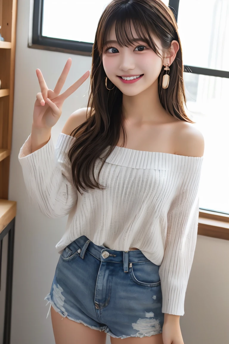 Highest quality, (beautiful)、university 、smile、peace sign、Semi-short、Earrings、Off the shoulder