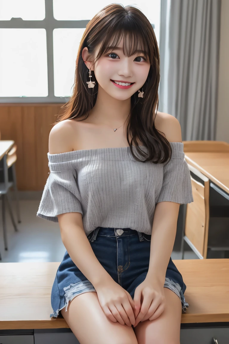 Highest quality, (beautiful)、university student、smile、peace sign、Semi-short、Earrings、Off the shoulder