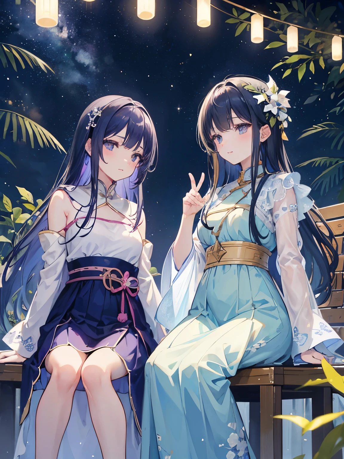 The illustration depicts a fantastic and romantic scene against the backdrop of the Tanabata night sky. The Milky Way flows in the starry night sky, and bamboo leaves decorated with strips of paper are swaying in the gentle breeze. In the foreground are two figures relaxing and looking up at the night sky, as they sit on a bench or in the grass and talk about their wishes for each other. The overall color scheme is a gradation of soft blues and purples, creating a quiet, magical atmosphere. The illustration evokes the special night of Tanabata, making the viewer feel romantic and dreamy." Masterpiece, top quality, super fine, super detailed, 4K, 8K, ((clearly drawn face)), (beautiful detailed eyes, super detailed skin)), feet firmly visible under chair