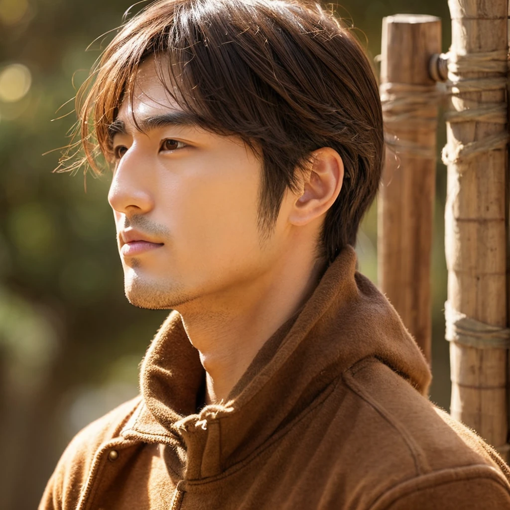 Beautiful Japanese man, double brown hair, tall nose, small eye color, brown