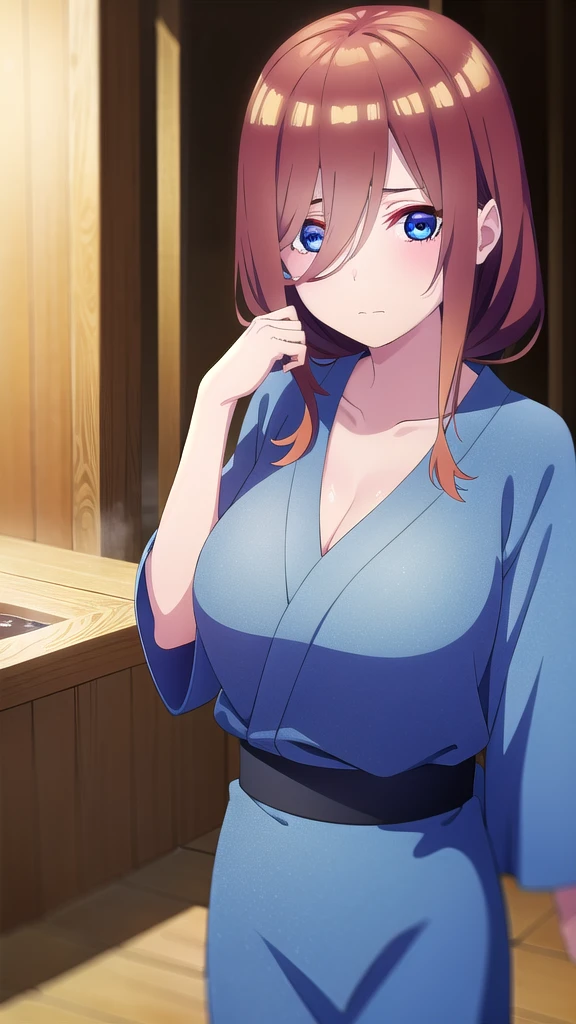 BREAK indoors, onsen,night,steam,wet,stars,starfall,hot water, BREAK looking at viewer, BREAK (masterpiece:1.2), best quality, high resolution, unity 8k wallpaper, (illustration:0.8), (beautiful detailed eyes:1.6), extremely detailed face, perfect lighting, extremely detailed CG, (perfect hands, perfect anatomy),whole body,Miku Nakano, Miku Nakano Chick III, Long Hair, Bangs, Blue Eyes, Brown hair, Hair between the eyes,Big Breasts,Cleavage,Blue Yukata,Blue yukata