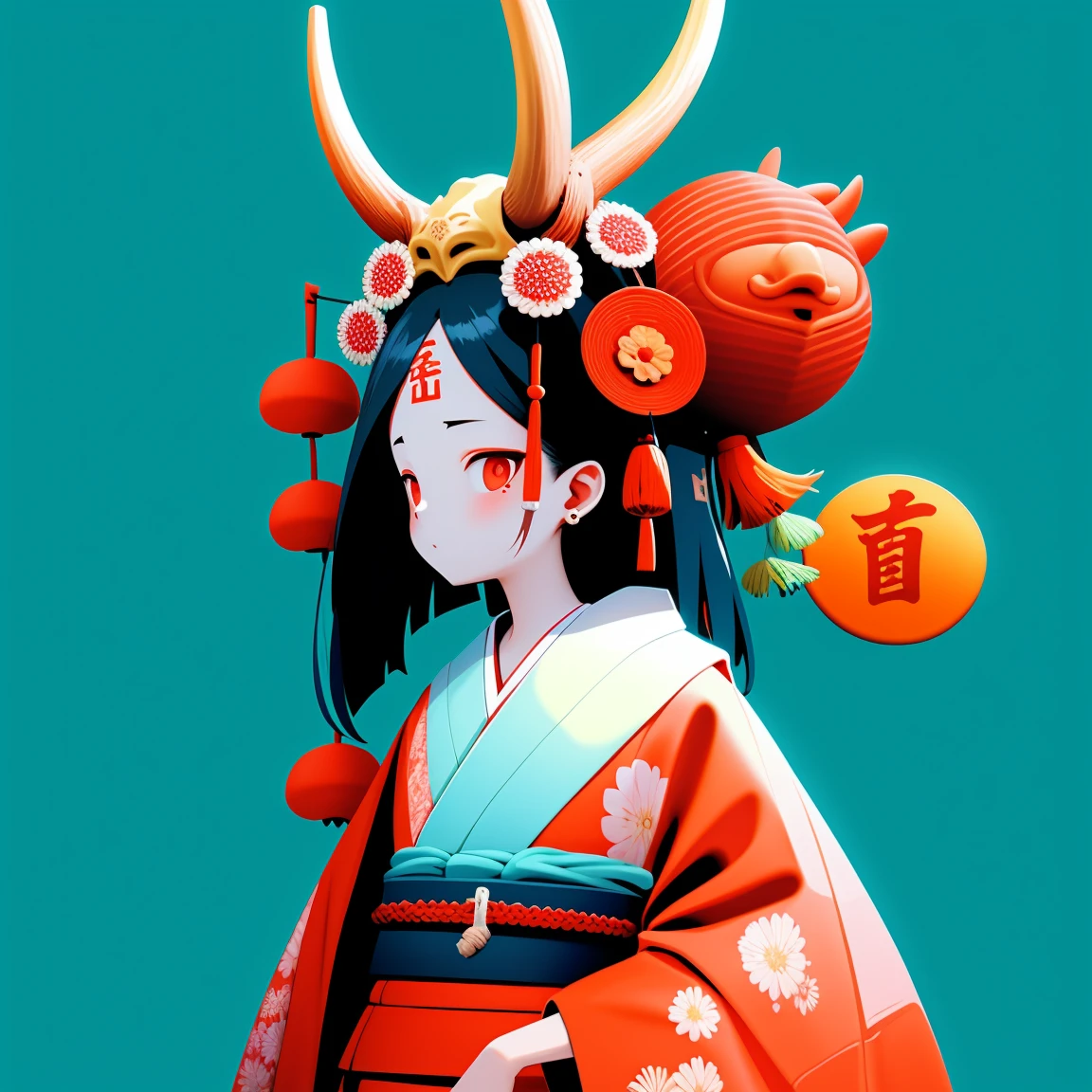 oniNFT, 1 girl, standing alone, Bblack hair, jewerly, aretes, mask, Eyes red, Japanese clothing, mailbox, kimono, perfil, mask on head, flower print, from sideways, antlers, tassel, hair ornament  