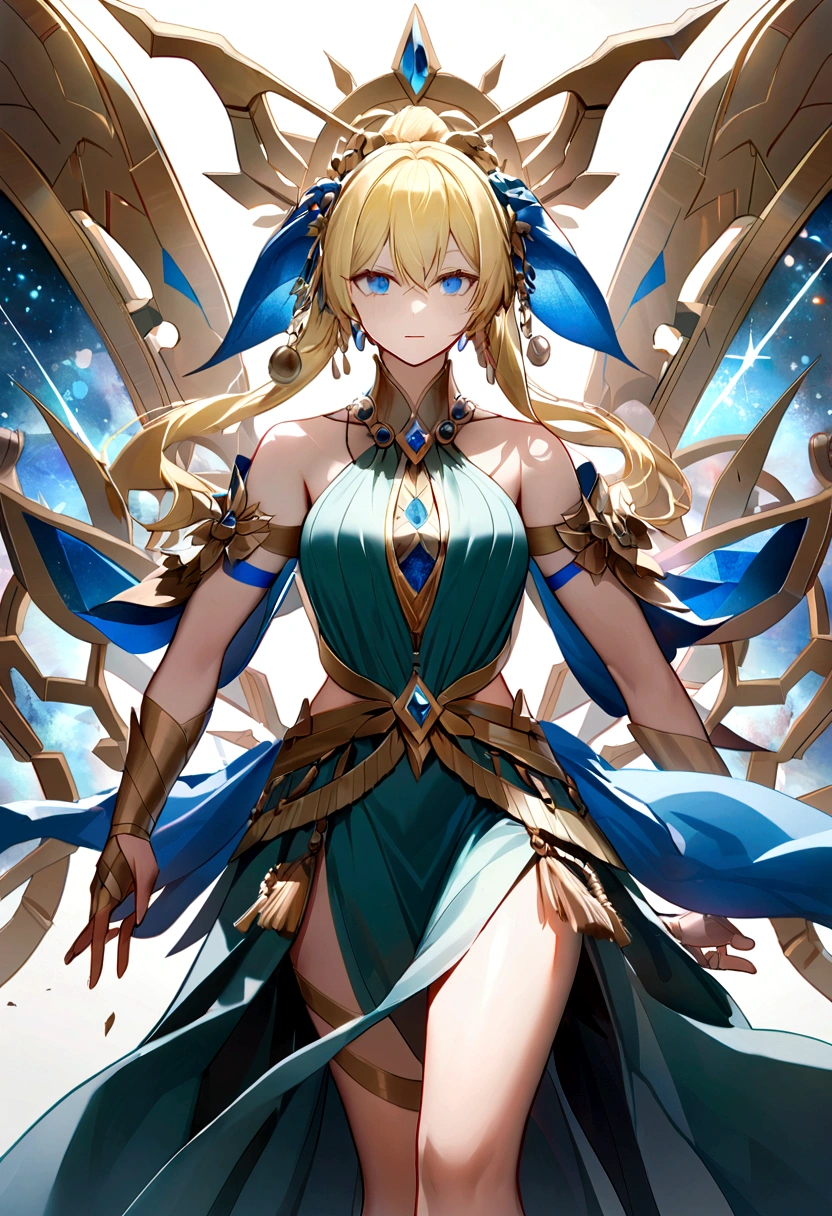 （Huang Li、high quality、Extremely detailed），Constellation-Sagittarius Goddess，Huge bow and arrow，The goddess draws the bow and shoots the arrow，Similar to Latin goodness，brave，capricious，Productivity，The face of enterprising and humanitarianism，Yellow hair，Ancient Greek costumes、Wrap Dress，The background is the universe，Crystal blue eyes（Eyes Details），Powerful appearance