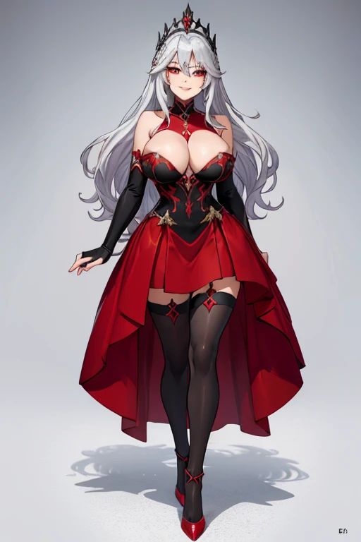 female, silver long hair, red eyes, (((1girl))), (((red regal dress))), (black fingerless opera gloves), (black tights), (red heels), cute and sexy, full body, huge breasts, long legs, smiling