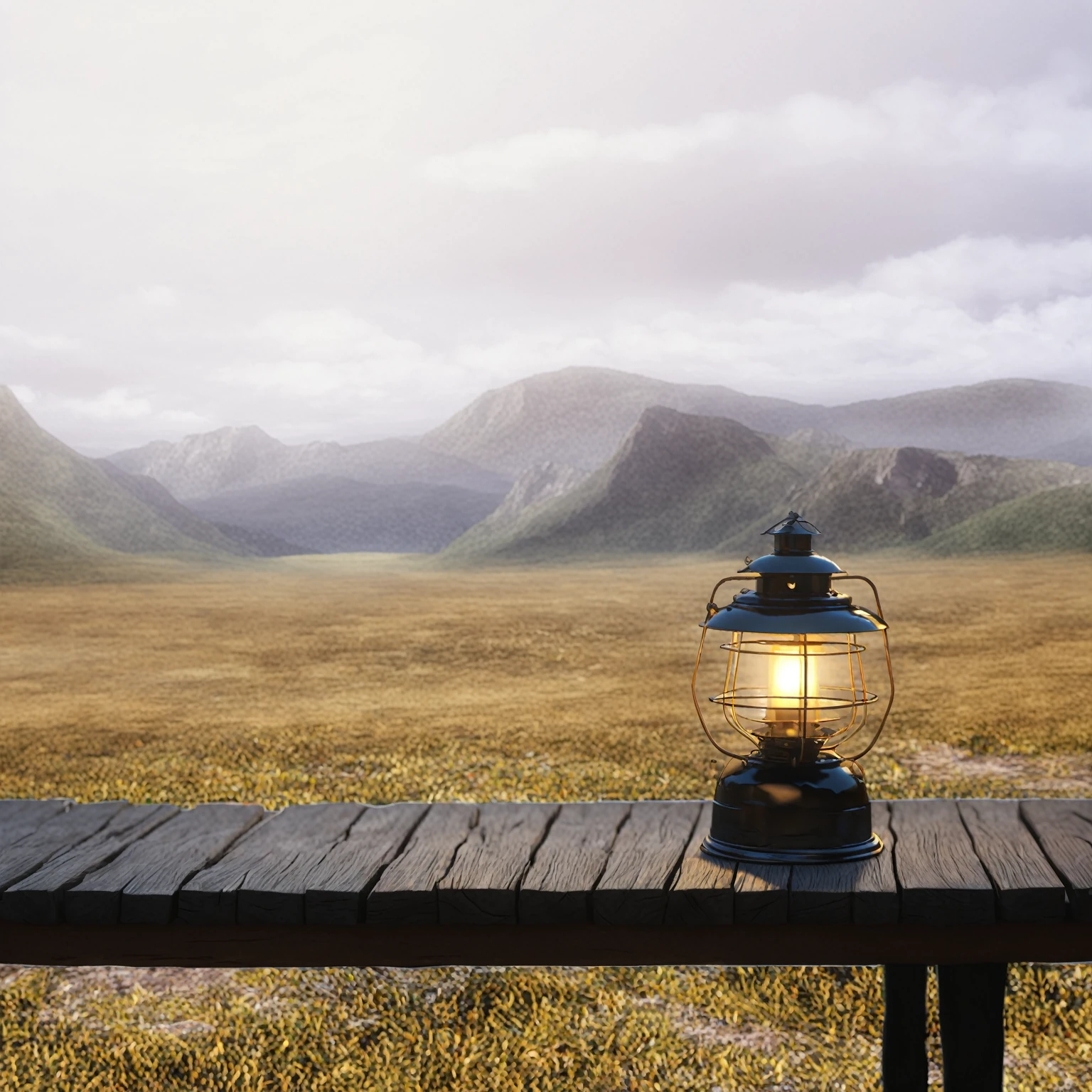 A lantern is placed on a table in the field, photoRealistic landscape, Lantern light, Beautiful landscape rendering, beautiful view, Realistic scene, Adventure surrealistic rendering, Beautiful lighting scenery, 自然Realistic rendering, Very realistic 3D rendering, Stunning landscape, Movie Outdoor Lighting, Realistic rendering, Realistic landscape, Very detailed scene, Landscape View