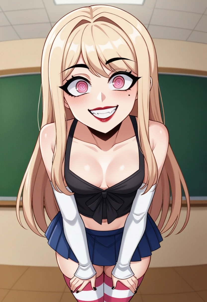 score_9, score_8_up, score_8, (top quality,8k wallpaper),(masterpiece,best quality:1.2), ((source_anime, anime)), 1girl, green eyes, goat pupils, ((very light blonde hair, long hair, straight hair)), fringe bangs, porcelain white skin, geisha makeup, pale skin, small breasts, yandere eyes, crazy smile, wide eyes, jealous, jealousy, very jealous, yandere, sleeveless, blue and white sailor girl top, black tie, black thong straps, ((blue skirt, pleated skirt:1.2)), red and white striped thigh highs, striped thigh highs,, midriff, thong, asymmetrical thigh highs, ((white arm warmers)), standing, classroom, black eyebrows, indoors, bedroom, girly, feminine, egirlthot, standing, obsessive, ((lipstick)), black mascara, black eyeliner, pink eyes, white powdered face, very white face, Goth girl, egirlthot, heart fingers, large eyes, beauty mark, ((super crazy eyes, very wide eyes, insane)), giggling, laughing, leaning forward, head tilt, one eye partially closed, s1z3d1ff_t4lk, taller girl, standing, legs straight, bent forwards, arched back, hands on knees, cleavage, breasts squished between arms, [[from below]:0.5], pov, eye contact, in a bedroom, simple background, 