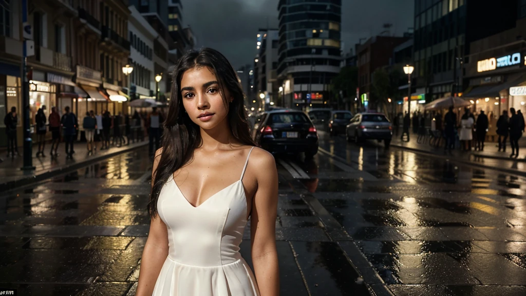 Ultra-realistic, ultra-detailed photography taken on iphone 15 pro max, A natural full body shot of a young Colombian girl of 27 years old with bright, deep eyes and a sophisticated face, in a stylish evening dress, standing against the backdrop of blurred light lines and passers-by on a rainy evening, conveying her natural beauty and grace.