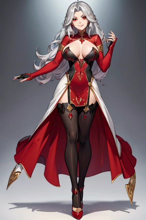 female, silver long hair, red eyes, (((1girl))), (((red regal dress))), (black fingerless opera gloves), (black tights), (red heels), (silver and gold jewelry), cute and sexy, full body, huge breasts, long legs, smiling