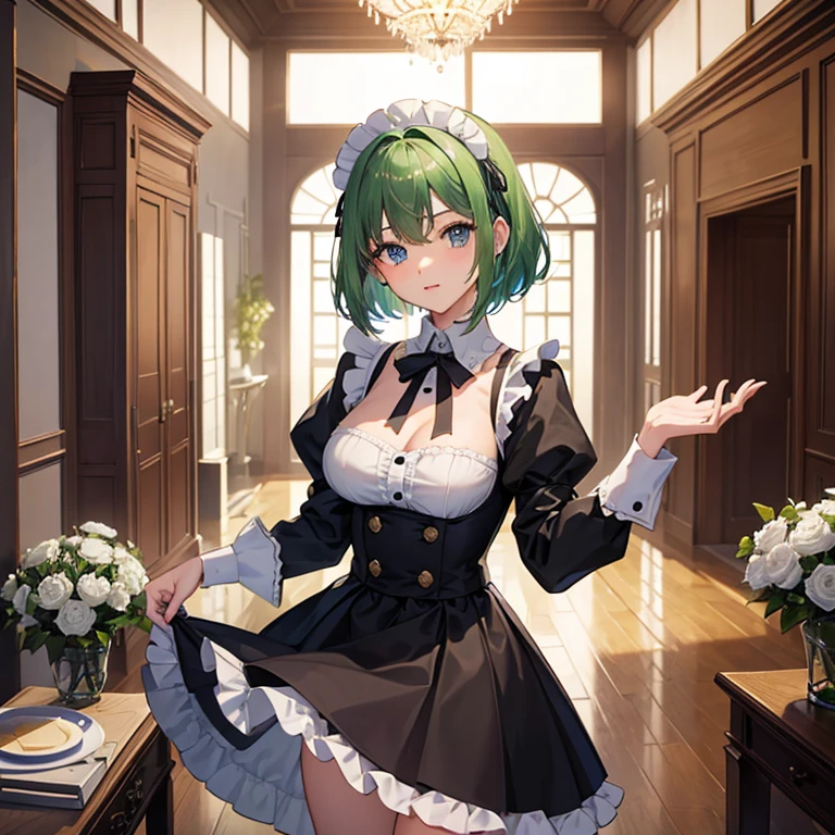 Highest quality, masterpiece, Ultra-high resolution, Young Woman、titaid、Short Hair、Green Hair、Obedience、黒と白のMaidの衣装、Big TitsBlue Eyes、Cowboy Shot、Rooms of the aristocratic mansion