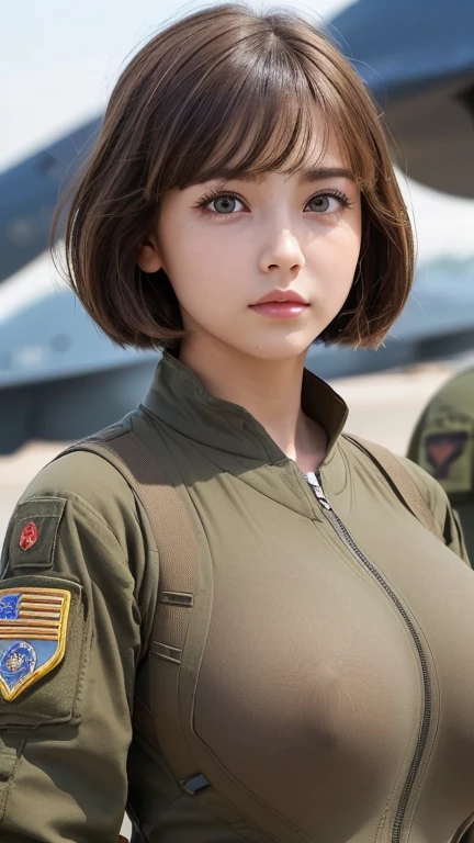 ((A girl wearing a camouflage Army military uniform)),(full body),((the girl has very short hair style:1.68)),((the girl is )),(the girl has abnormal ultra extra gigantic huge breasts:1.98),(the girl's each breast is more than the nineth times size of the girl's head:1.98),feminine,((baby face:1.37)),((very cute face:1.37)),((small nose,slim waist,small hip)),brown hair, smooth hair, smooth skin, ((big double eyelid eyes)), ((brown eyes)),((At the Air Force Base)),((Fighter jets are lined up behind the girl)),