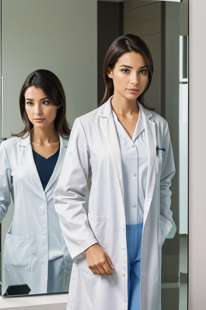 A doctor observing her reflection transitioning from lab coat to a professional business suit in the mirror
