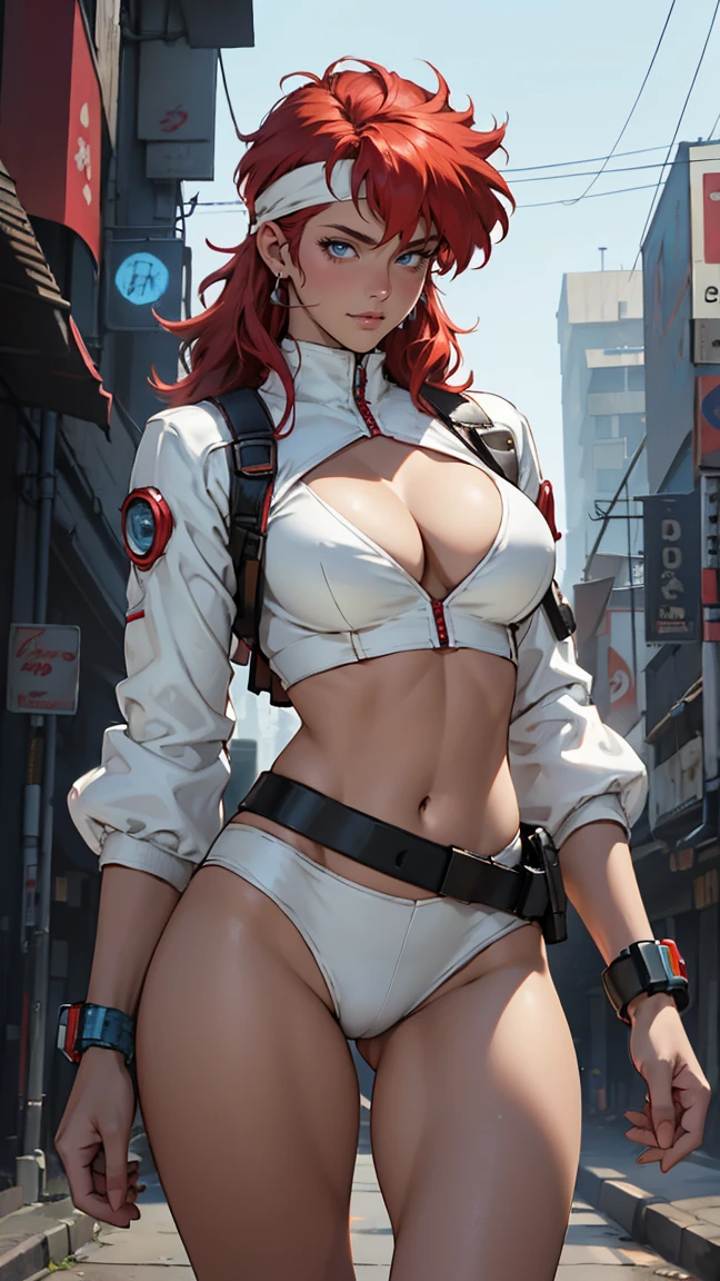 ((Masterpiece, highest quality; 1.3)), super quality, beautiful detail, super detailed, extra fine, 16K, exquisite, absurd, high resolution, beautiful background, detailed background, beautiful eyes, beautiful skin, anime style, Kay from Dirty Pair in a white outfit, tight outfit, cleavage, bushy redhead beauty, very light blue uniform, wearing tight clothes, skimpy, (mid chest: 1.2), cleavage, cleavage, slim waist , thin waist, slim thighs, thin legs, slim legs. thigh gap, showing stomach, skinny, thin hips, cyberpunk city background, holding retro space gun , headband,