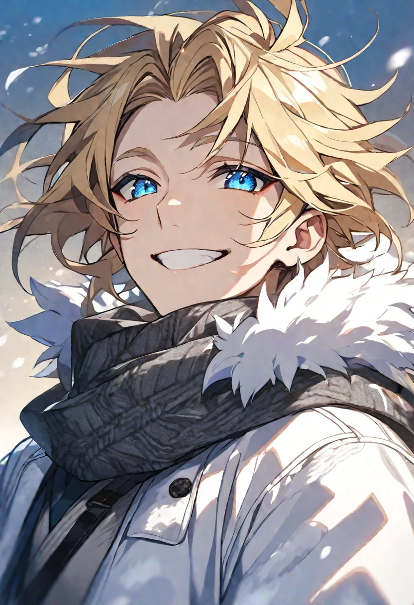 Solo, male, blonde hair, blue eyes, white fur coat, gray scarf, smile facial
