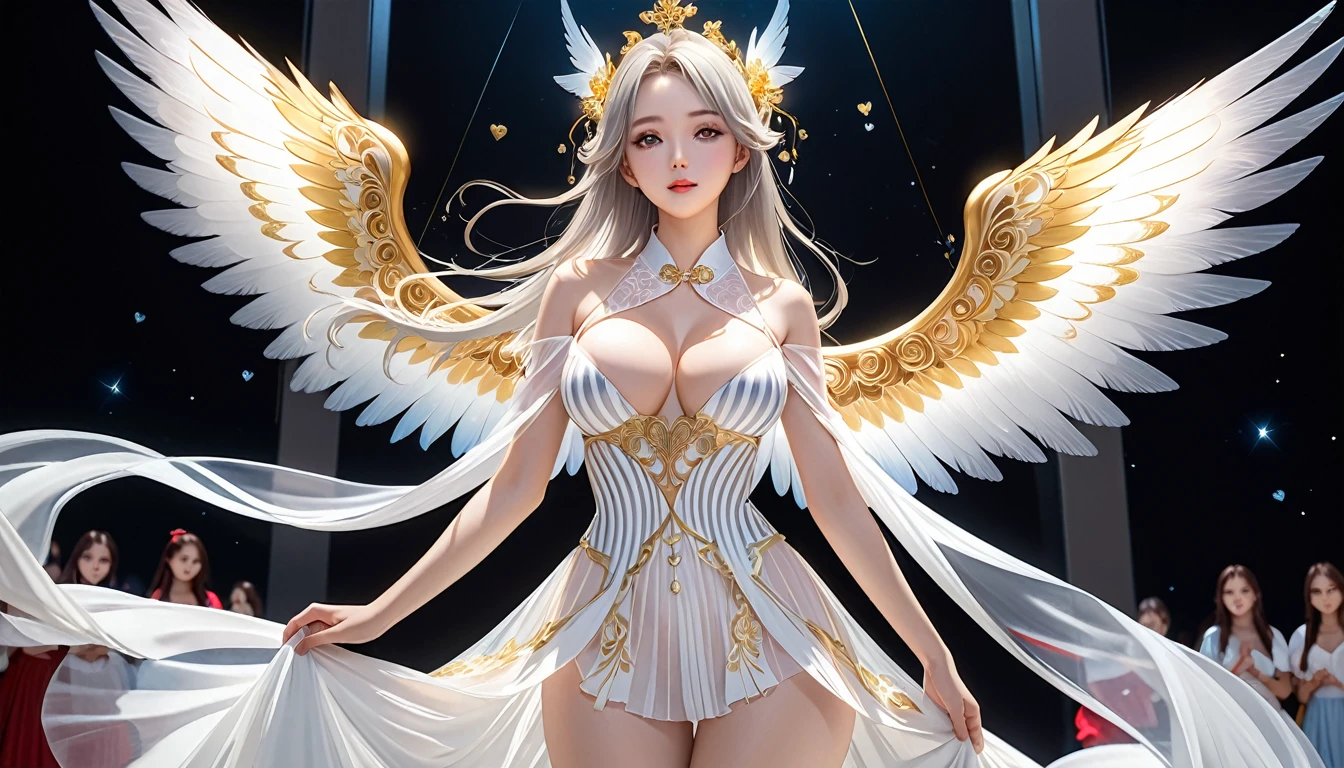 Woman in transparent dress,Viewer,(((Full breasts, Keeley University))),Slim waist,(Navel exposed,Bare waist), Long hair, extreme detailed details, Detailed fantasy art, Stunning character art, Beautiful and exquisite character art, Beautiful transparent dress, Very detailed, Girl wearing flowing Hanfu, Exquisite headpieces and jewellery,Crystal jewelry filigree, galaxy, Stunning visuals, (Dynamic Stripes, light rail:1.2), Vibrant colors,Long hair动漫女孩和狐狸, 美丽的白金色Angel女士, 白毛Angel, Beautiful character painting, Beautiful anime portrait, Angel翅膀的女孩, a beautiful Angel woman, Mystical artwork, Guweiz, by Ren Renfa, Angel, Large Breasts，Full breasts，Golden ratio figure，Perfect body，Ultra wide-angle shooting，Full body shot，Body close-up，Full body shot，Wearing a pleated tulle skirt，Soft anime illustration, Soft dark background，Fujifilm XT3 Clear focus, f 5.6, High Detail, Clear focus, Dramatic, (Wearing openwork clothing), (Looking at the audience:1.8), (Natural light), (Tempting)translucent, Good velvet quality, Compared, Divine Light,, Silver gray hair, Sky background, Absolute Strength,女性Angel，Girl in sexy silk,，Large Breasts，Full breasts，Golden ratio figure，Perfect body，Ultra wide-angle shooting，Full body shot，Body close-up，Full body shot， Wearing a tulle dress, Model shooting style, Large Breasts，Full breasts，Golden ratio figure，Perfect body，(Extremely detailed CG 8k wallpaper unit), The most beautiful artistic photos in the world, , 8K Ultra HD, ) On the big white bed，Lazy gesture，Charming and seductive expression，best quality,masterpiece,Ultra-high resolution,(Practical:1.4),original photo,Ultra-high resolution，White skin，Exquisite makeup，Long legs，Bright beautiful eyes，Heart pupil