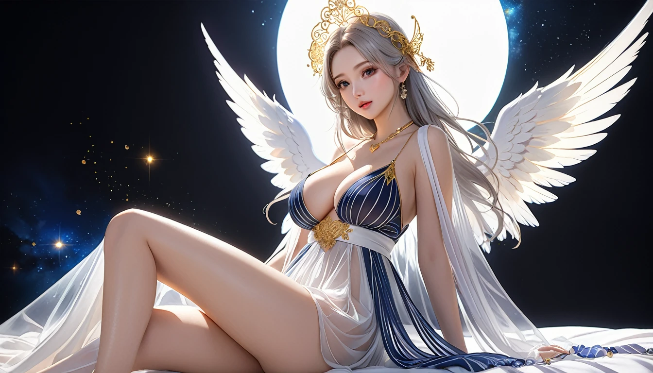 Woman in transparent dress,Viewer,(((Full breasts, Keeley University))),Slim waist,(Navel exposed,Bare waist), Long hair, extreme detailed details, Detailed fantasy art, Stunning character art, Beautiful and exquisite character art, Beautiful transparent dress, Very detailed, Girl wearing flowing Hanfu, Exquisite headpieces and jewellery,Crystal jewelry filigree, galaxy, Stunning visuals, (Dynamic Stripes, light rail:1.2), Vibrant colors,Long hair动漫女孩和狐狸, 美丽的白金色Angel女士, 白毛Angel, Beautiful character painting, Beautiful anime portrait, Angel翅膀的女孩, a beautiful Angel woman, Mystical artwork, Guweiz, by Ren Renfa, Angel, Large Breasts,Full breasts,Golden ratio figure,Perfect body,Ultra wide-angle shooting,Full body shot,Body close-up,Full body shot,Wearing a pleated tulle skirt,Soft anime illustration, Soft dark background,Fujifilm XT3 Clear focus, f 5.6, High Detail, Clear focus, Dramatic, (Wearing openwork clothing), (Looking at the audience:1.8), (Natural light), (Tempting)translucent, Good velvet quality, Compared, Divine Light,, Silver gray hair, Sky background, Absolute Strength,女性Angel,Girl in sexy silk,,Large Breasts,Full breasts,Golden ratio figure,Perfect body,Ultra wide-angle shooting,Full body shot,Body close-up,Full body shot, Wearing a tulle dress, Model shooting style, Large Breasts,Full breasts,Golden ratio figure,Perfect body,(Extremely detailed CG 8k wallpaper unit), The most beautiful artistic photos in the world, , 8K Ultra HD, ) On the big white bed,Lazy gesture,Charming and seductive expression,best quality,masterpiece,Ultra-high resolution,(Practical:1.4),original photo,Ultra-high resolution,White skin,Exquisite makeup,Long legs,Bright beautiful eyes,Heart pupil