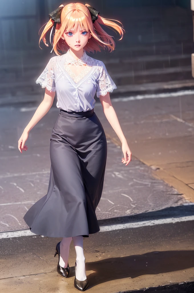 (Highest quality:1.9)、(High resolution)、((19-year-old female college student、1 person))、Soft lighting by a professional photographer、、Natural soft light、Fair skin、Fine grain、double eyelid、cheeks are slightly plump、((Small face:1.0))、((Lace short sleeve shirt、Please wear it open at the chest.:1.7))、((Check skirt))Medium twin tail hair:1.1))、((Full Body Shot:1.2))Great style,Beautiful arms,Beautiful feet,Beautiful Hands,(Small Ass,Thin thighs),Facial details,((High heels,Patterned stockings),Realistic photos,blue eyes, hair ornaments, Hair Ribbon,Perfect lighting, Highly detailed CG, (Perfect hands, Perfect Anatomy),heavy rain、heavy rainで全身びしょ濡れ、heavy rainで全身びしょ濡れの服、High heels、 ((Perfect handsの形))、(Perfect foot shape、Embarrassed expression、blush、Gestures to seduce a man、Shining Sweat、Perfect Skin,Sweat is noticeable、太もものSweat is noticeable、 Fair skin,Tight waist, Sweating profusely、Sweaty hair、Sweaty clothes、Sweaty、Visible sweat、rain-wet hair、A vast Western church with stained glass windows、Holding a Japanese sword、Athlete System、cherry blossoms、Blonde、Silver Hair