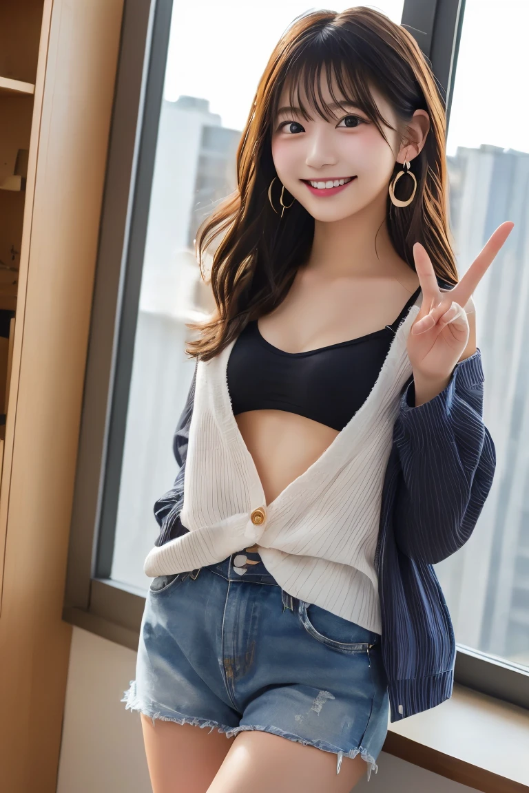Highest quality, (beautiful)、university student、smile、peace sign、Semi-short、Earrings、Open-chested clothing