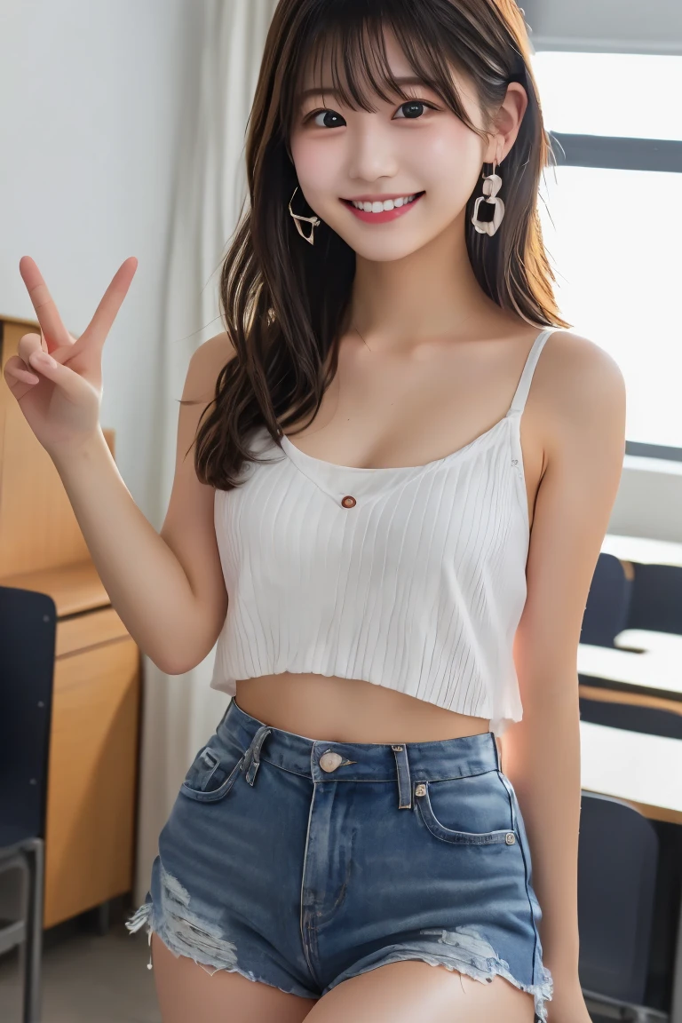 Highest quality, (beautiful)、university student、smile、peace sign、Semi-short、Earrings、Open-chested clothing