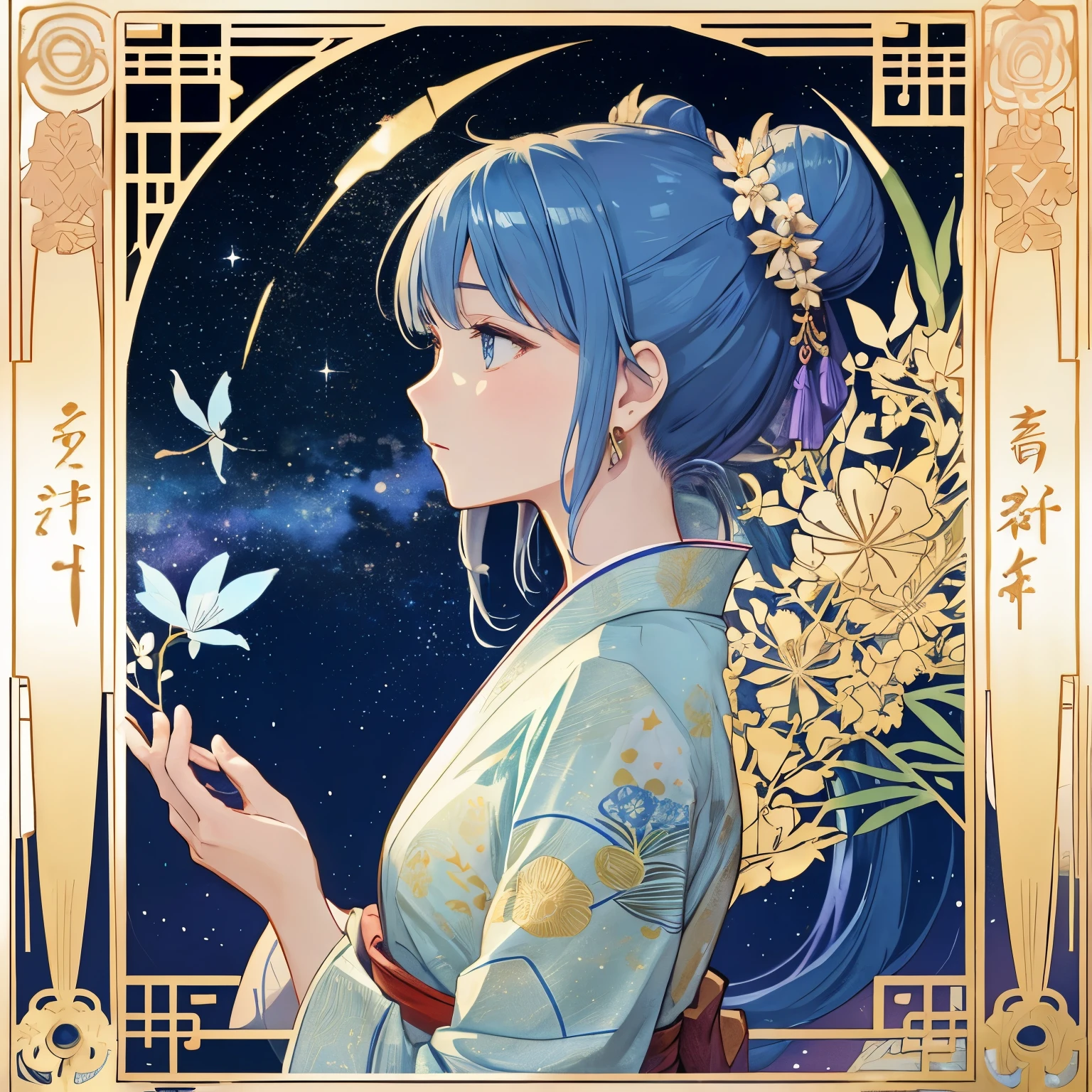 (Alphonse Mucha ,profile), a beautiful anime girl in a yukata is depicted in a square frame, flower jewelry, put on earrings, shown in profile as she gazes up at the Milky Way during Tanabata. Her delicate features and elegant yukata are highlighted by intricate, colorful patterns. The frame itself is adorned with detailed and floral motifs and patterns, creating a sense of elegance and sophistication. Bamboo leaves and hanging paper wishes, traditional elements of Tanabata, are integrated into the intricate frame design. The night sky within the frame is filled with the shimmering, starry expanse of the Milky Way, adding to the magical and serene atmosphere of the Tanabata festival.profile, light blue hair, face, hair updo, bun hairstyle
