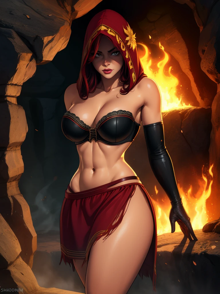 Dsorceress, redhair, shadowy face,dark cave, fire, hood, shadowed face, strapless bra, slim and athletic body, miniskirt, no panty, elbow gloves, dark skin, 1 girl (insanely detailed, masterpiece, best quality)