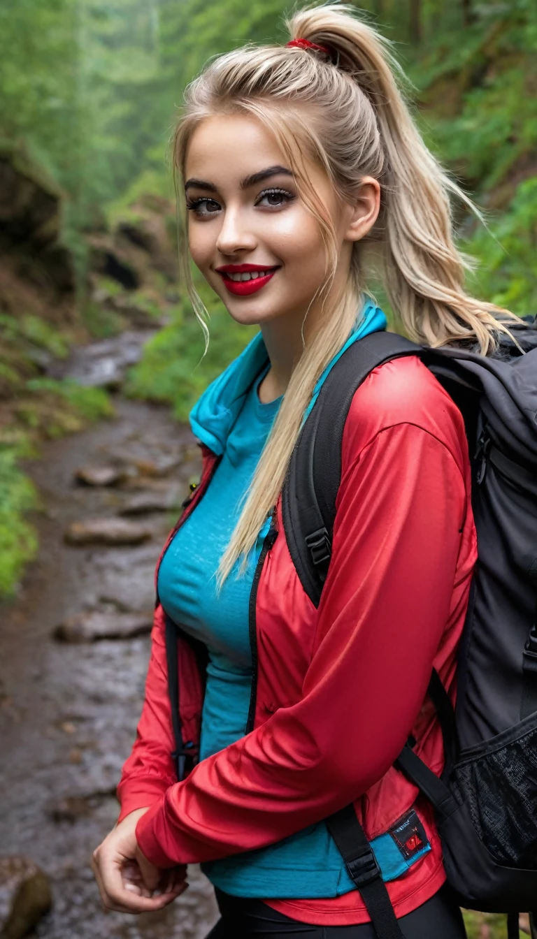 ultrarealistic high quality fullbody photo of a beautiful busty slim european 19-year-old mwoman with cute hyperdetailed shy face and dyed platin blonde long messy ponytail hair and happy face, realistic round hazel eyes, red lips, dark eye makeup with eyeliner, wearing soaking wet outdoor leggins hiking outfit with backpack, hourglass body, outdoor shooting on a lost place with heavy rain