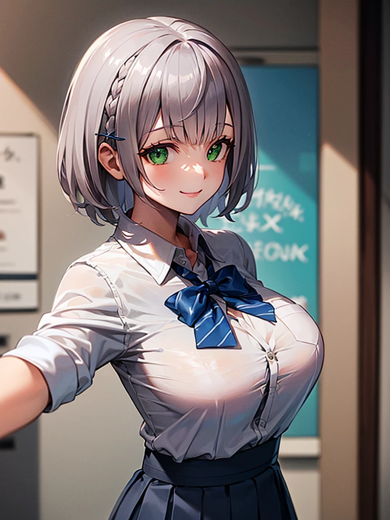 ((masterpiece, Highest quality, Super detailed)),8K,One girl,((super fine illustration)),((cute eyes,highly detailed skin)),((well endowed,Blessed,Captivating body、Detailed Background)) ,(see-through,Funoel, short hair, X Hair Ornament, Green Eyes, Blue bow tie, White shirt, Collared shirt, Black Skirt, Checked skirt, Pleated skirt, mini skirt,smile )