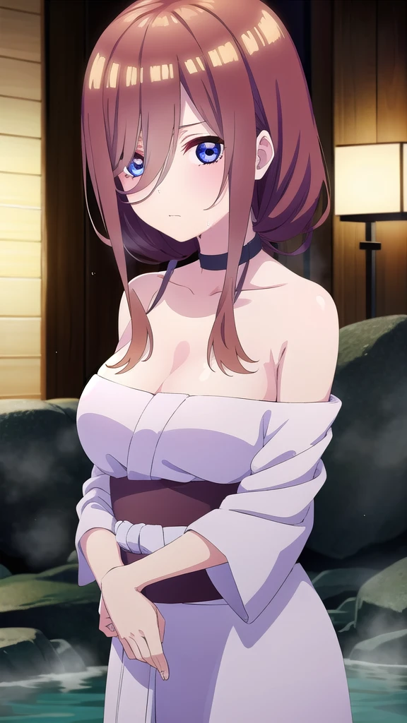 BREAK indoors, onsen,night,steam,wet,stars,starfall,hot water, BREAK looking at viewer, BREAK (masterpiece:1.2), best quality, high resolution, unity 8k wallpaper, (illustration:0.8), (beautiful detailed eyes:1.6), extremely detailed face, perfect lighting, extremely detailed CG, (perfect hands, perfect anatomy),whole body,Miku Nakano, Miku Nakano Chick III, Long Hair, Bangs, Blue Eyes, Brown hair, Hair between the eyes,Big Breasts,japanese clothes,kimono,wet kimano, yukata,cleavege,neckline,black choker, naked shoulders,