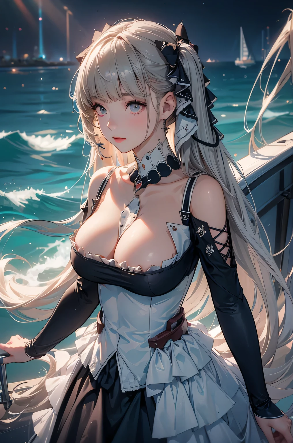 ((dress_default, terrific_default)):1.5,((solo, 1girl)) ((masterpiece,Highest quality,Highly detailed images,Beautiful images、Realistic、Dutch Angle)), (Bright lighting overall、Backlight、A fantastic atmosphere、Thick Fog、Dust flutters),(Dynamic pose、Beautiful cleavage、large breasts)1.2, ((Ocean、On the boat:1.2))((arms behind head))、Black sleeves