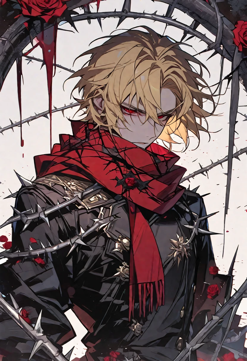 Solo, male, blonde hair, red eyes, black coat, red scarf, black roses, red roses, thorns, blood