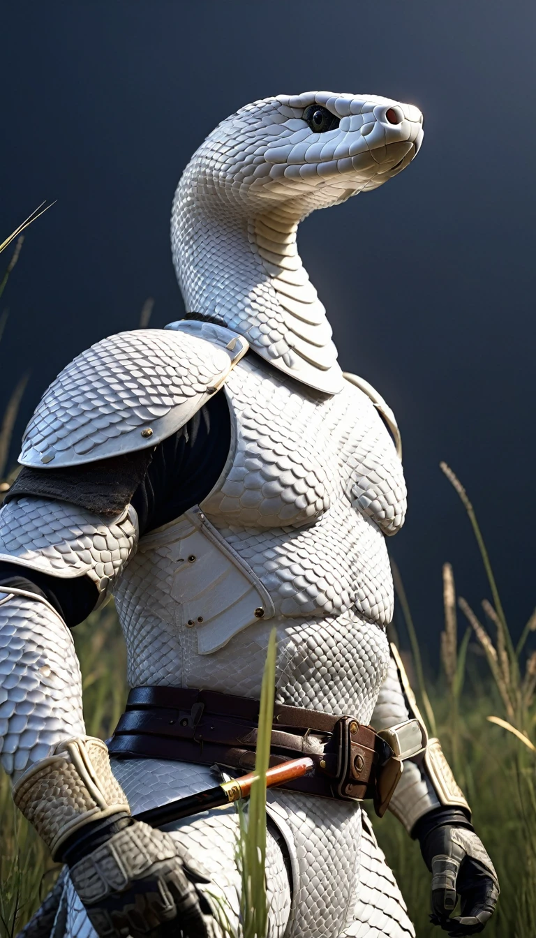 masterpiece, (Super detailed), (Animal anthropomorphism), White Cobra, good looking, Japanese Armor,knife、 Dim lighting, cigarette, Shadow, Night grassland battlefield, Highest quality, Single Focus, (skimming: 1.1), Muscular man, whole body, Complex (High detail: 1.1) Unreal Engine.multiple、