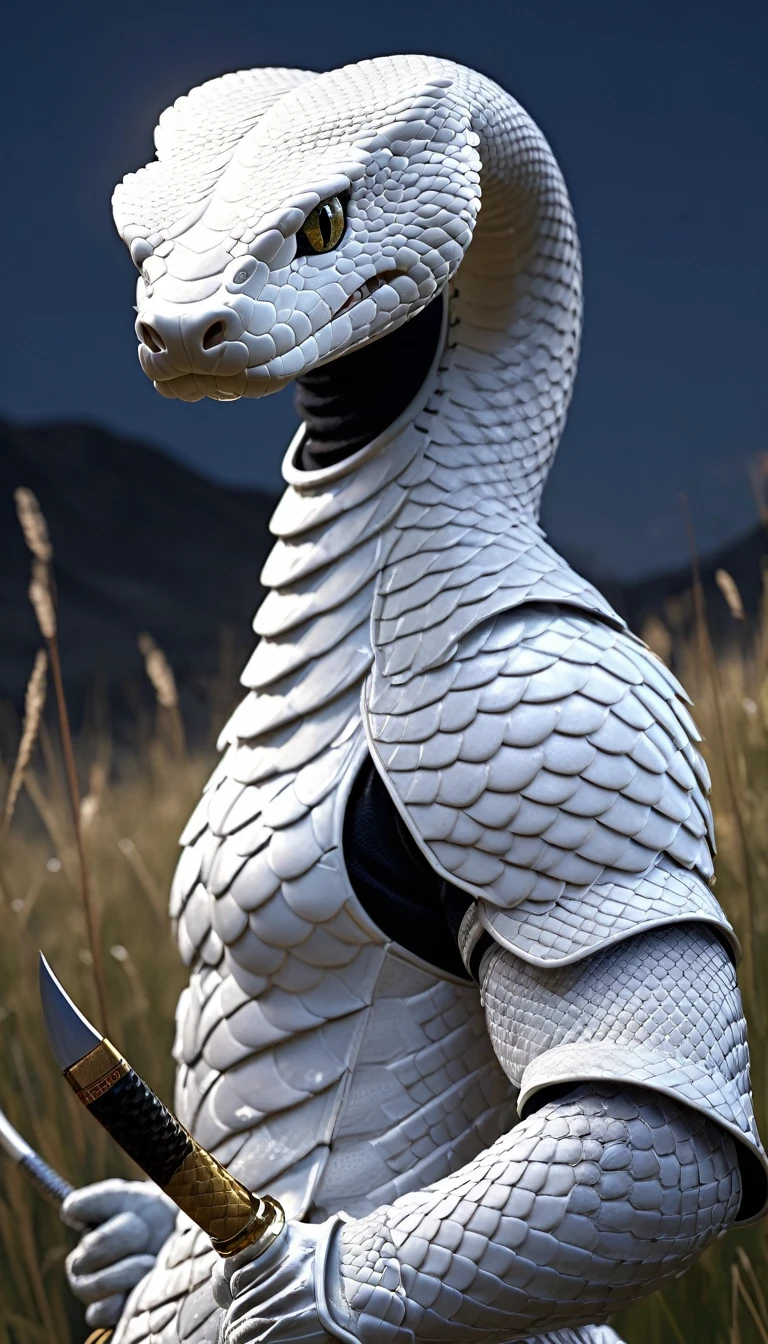 masterpiece, (Super detailed), (Animal anthropomorphism), White Cobra, good looking, Japanese Armor,knife、 Dim lighting, cigarette, Shadow, Night grassland battlefield, Highest quality, Single Focus, (skimming: 1.1), Muscular man, whole body, Complex (High detail: 1.1) Unreal Engine.multiple、