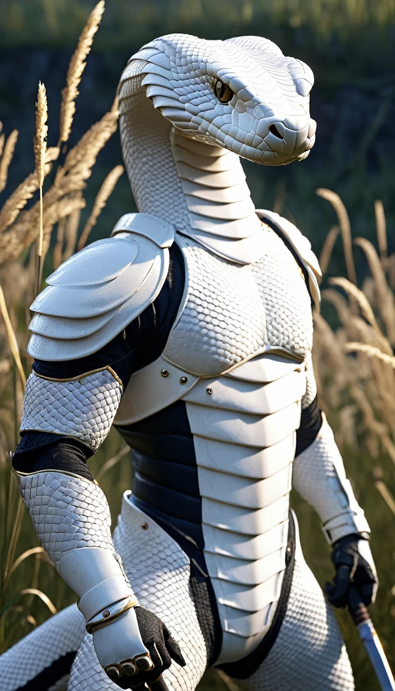 masterpiece, (Super detailed), (Animal anthropomorphism), White Cobra, good looking, Japanese Armor,knife、 Dim lighting, cigarette, Shadow, Night grassland battlefield, Highest quality, Single Focus, (skimming: 1.1), Muscular man, whole body, Complex (High detail: 1.1) Unreal Engine.multiple、