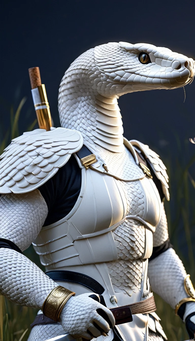 masterpiece, (Super detailed), (Animal anthropomorphism), White Cobra, good looking, Japanese Armor,knife、 Dim lighting, cigarette, Shadow, Night grassland battlefield, Highest quality, Single Focus, (skimming: 1.1), Muscular man, whole body, Complex (High detail: 1.1) Unreal Engine.multiple、