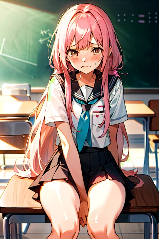 1. Long Hair, girl , mini skirt, Pink Hair, Look away, Sitting open crotch, Awkward, blush, cry, mouth close, classroom (girl漏尿)