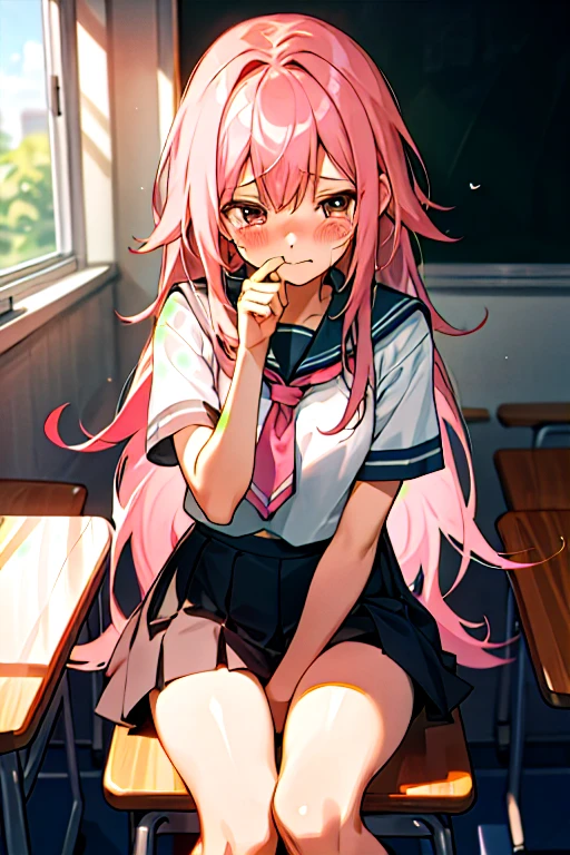 1. Long Hair, girl , mini skirt, Pink Hair, Look away, Sitting open crotch, Awkward, blush, cry, mouth close, classroom (girl漏尿)