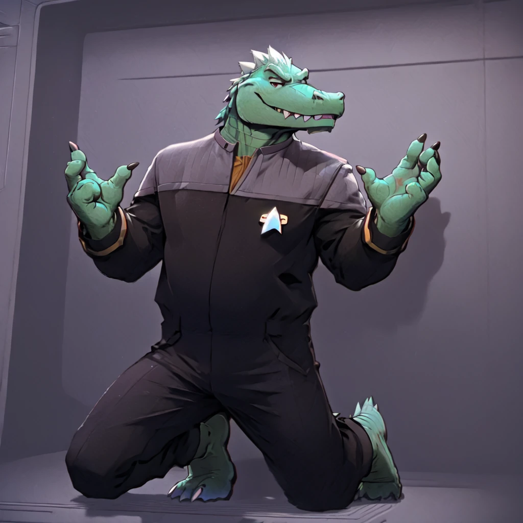 (((Barefoot scaley character, full body, cinematic setting, furry male, plantigrade))) 
Doctor (((kingkrool))), crocodile, green skin, reptile, gold bracelets, scales, bloodshot eye, fat, obese,
exudes confidence and authority, wears star trek DS9 doctor teal uniform, ((ds9st, black and grey star trek uniform, grey shoulders, teal neck, black jumpsuit, black pants)) dynamic pose, holding medical tricorder
((starship interior with many screens and consoles)), futuristic look, metalic, bright colors
BREAK, intricate details, highly detailed, extreme detail, octane render, fine art, best quality, highres, (detailed face:1.5), ((full_body)), UHD, (((perfect hands))), ((low light:1.5))