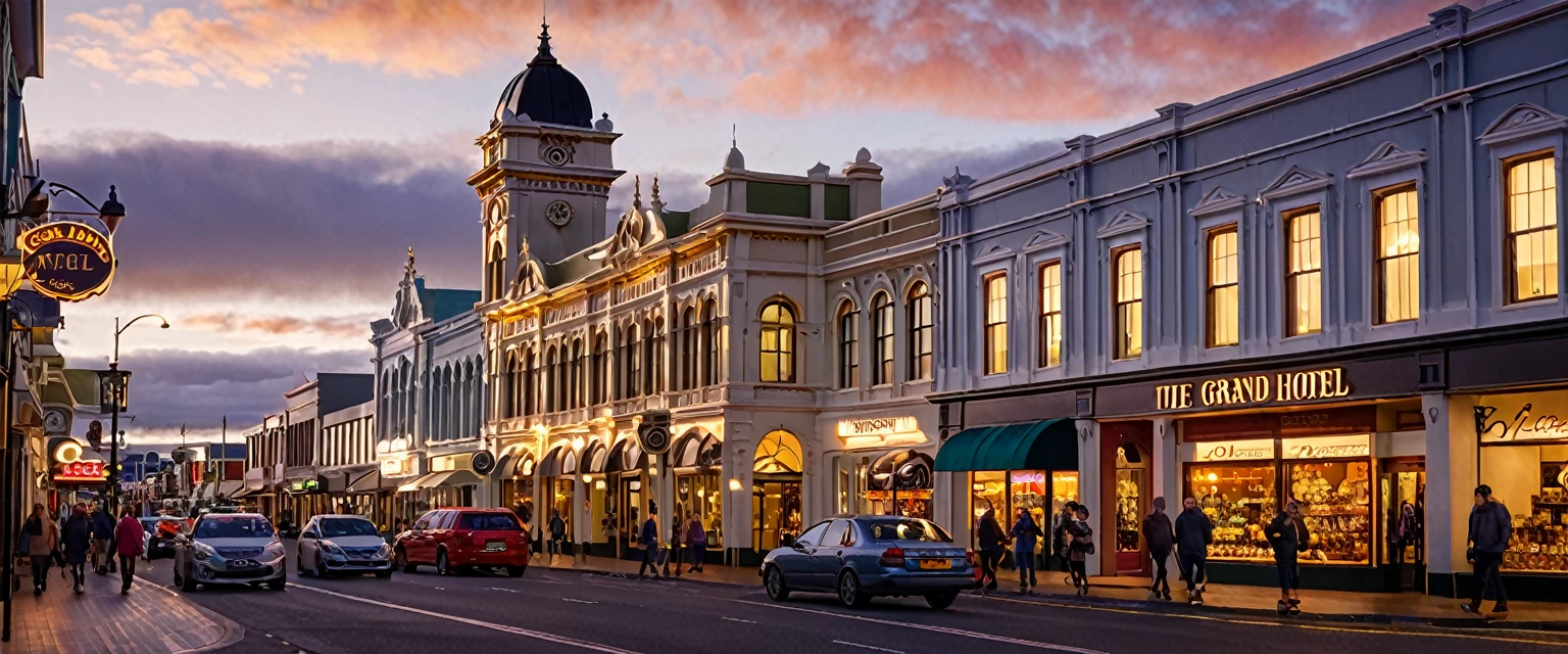 a detailed cityscape of downtown Invercargill, New Zealand, dee Street, shops, the grand hotel, realistic, photorealistic, photo-realistic:1.37, 8k, hyperrealistic, cinematic, dramatic lighting, intricate architecture, detailed buildings, urban landscape, busy street, people walking, cars driving, vibrant colors, golden hour lighting, warm tones