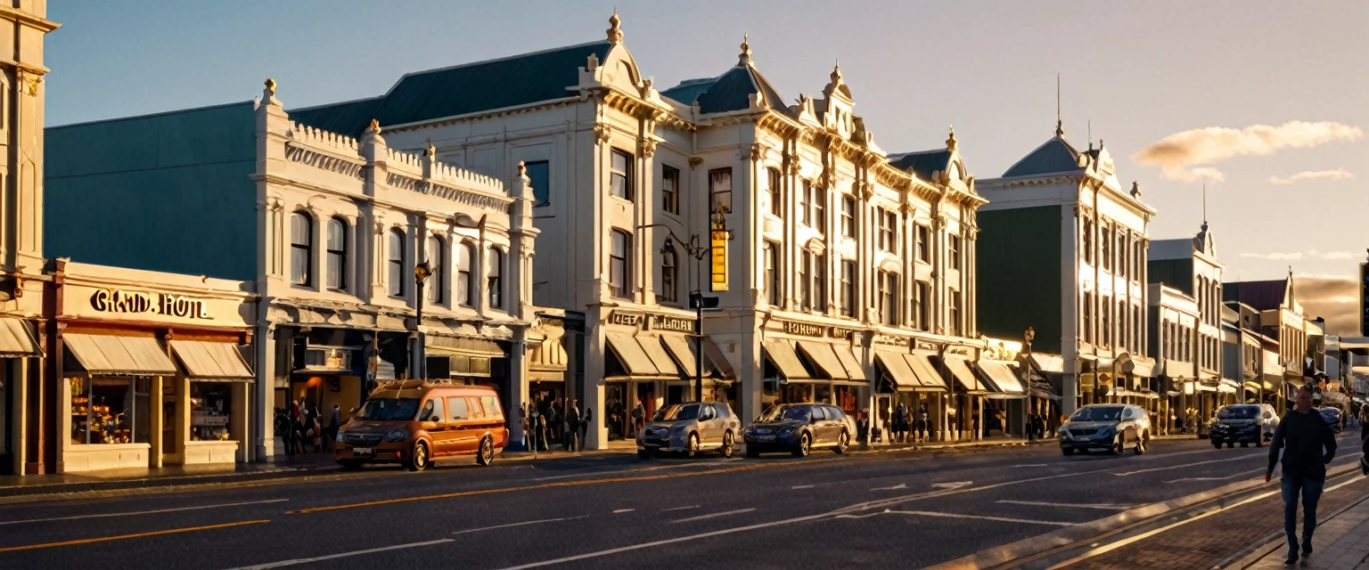 a detailed cityscape of downtown Invercargill, New Zealand, dee Street, shops, the grand hotel, realistic, photorealistic, photo-realistic:1.37, 8k, hyperrealistic, cinematic, dramatic lighting, intricate architecture, detailed buildings, urban landscape, busy street, people walking, cars driving, vibrant colors, golden hour lighting, warm tones