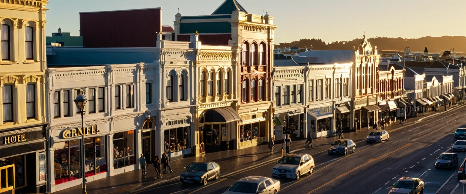 a detailed cityscape of downtown Invercargill, New Zealand, dee Street, shops, the grand hotel, realistic, photorealistic, photo-realistic:1.37, 8k, hyperrealistic, cinematic, dramatic lighting, intricate architecture, detailed buildings, urban landscape, busy street, people walking, cars driving, vibrant colors, golden hour lighting, warm tones